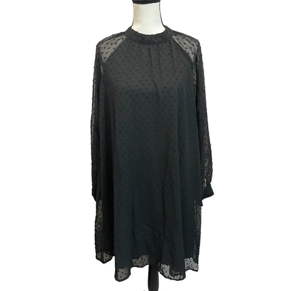 Long Sleeve Wedding Guest Dresses Flowy Chiffon Swiss Dot Casual Midi Dress L